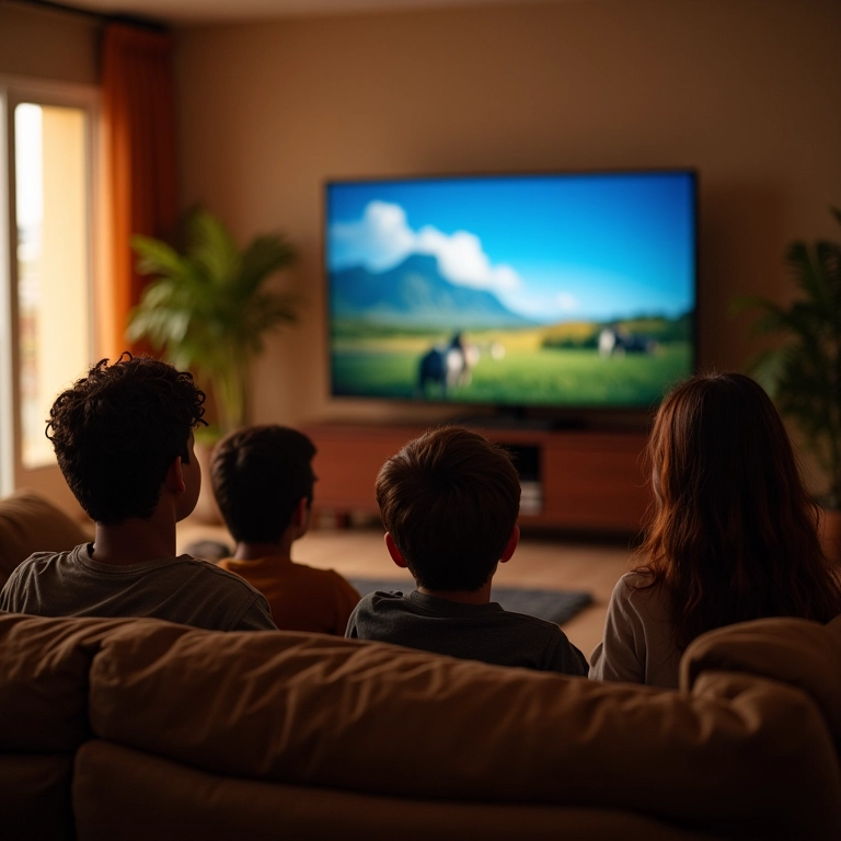 Pessoas assistindo filme em TV conectada por HDMI em sala brasileira.