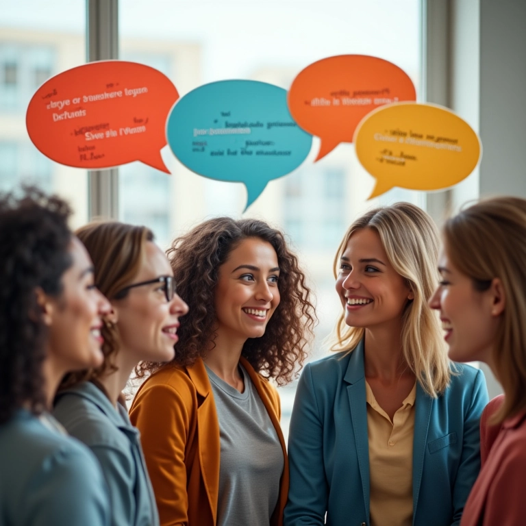 Pessoas diversas se comunicando com tradução simultânea em vários idiomas.