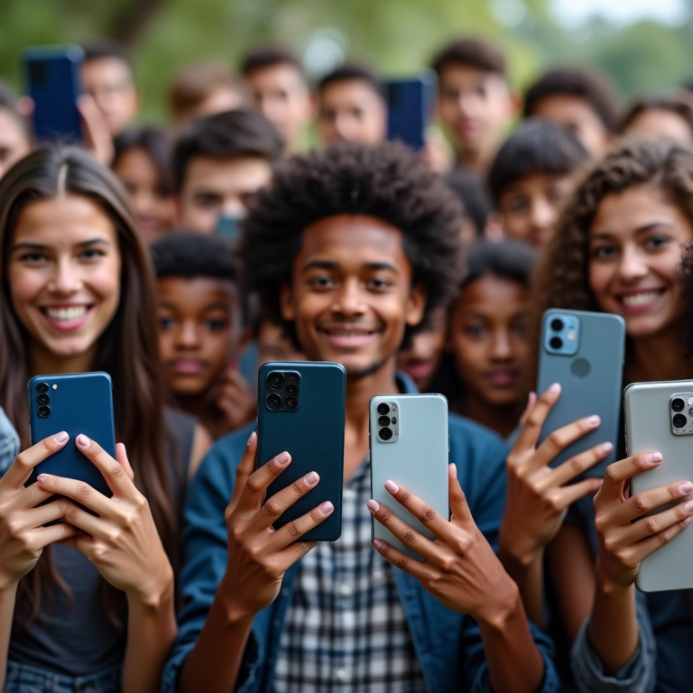 Pessoas diversas segurando celulares compatíveis e não compatíveis com 5G.