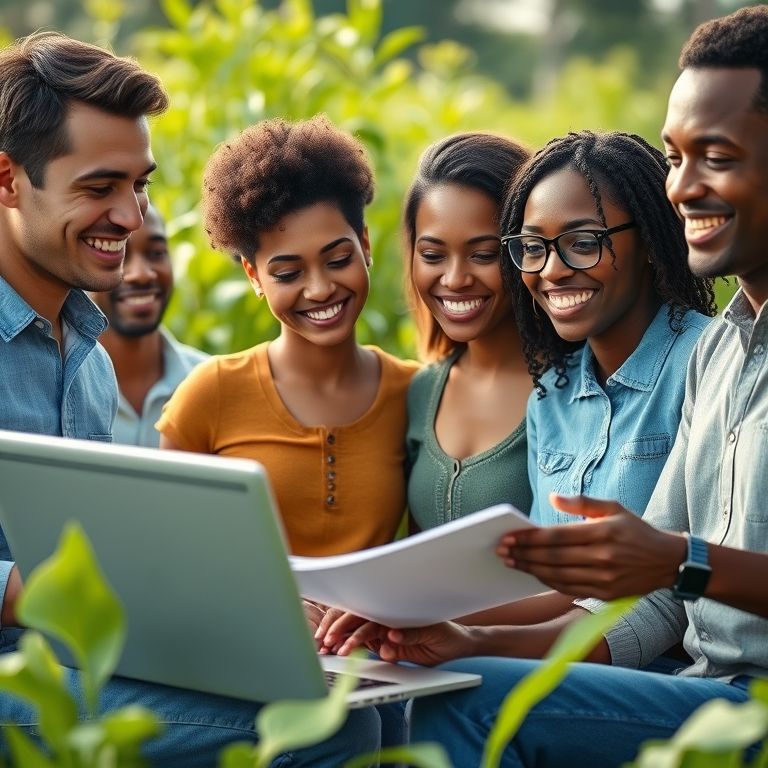 Pessoas diversas sorrindo ao usar ferramentas Open Source, com laptop mostrando relatórios de economia.