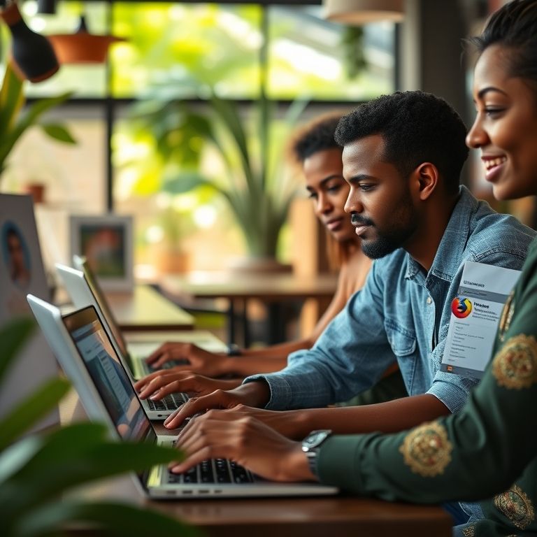 Pessoas diversas usando Mozilla Firefox em laptops em um café.