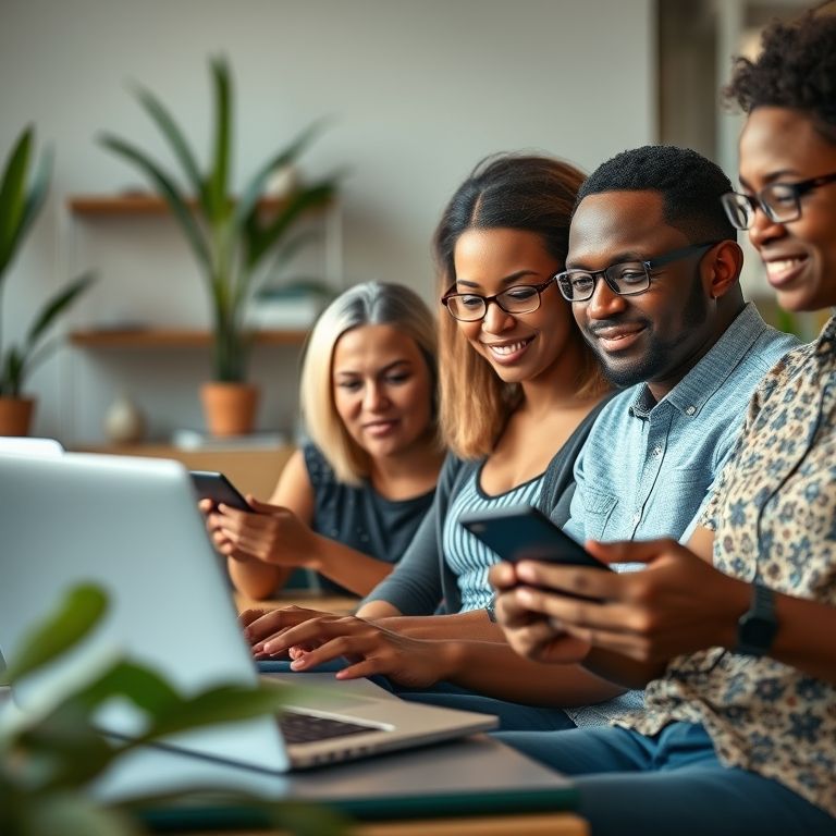 Pessoas diversas utilizando dispositivos com recursos de acessibilidade web ativados.