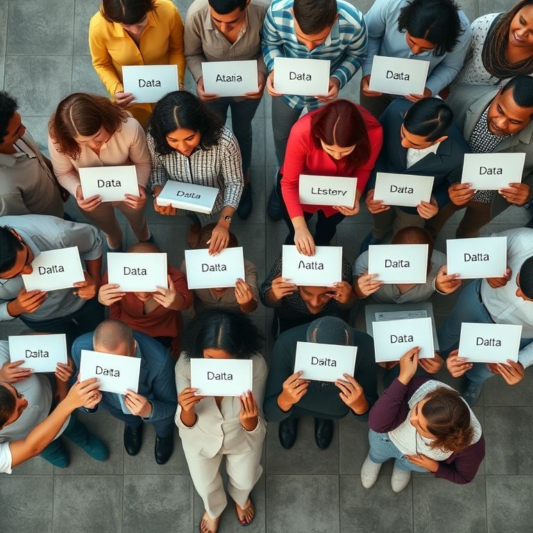 Pessoas em fila representando um array, cada um com um tipo de dado.