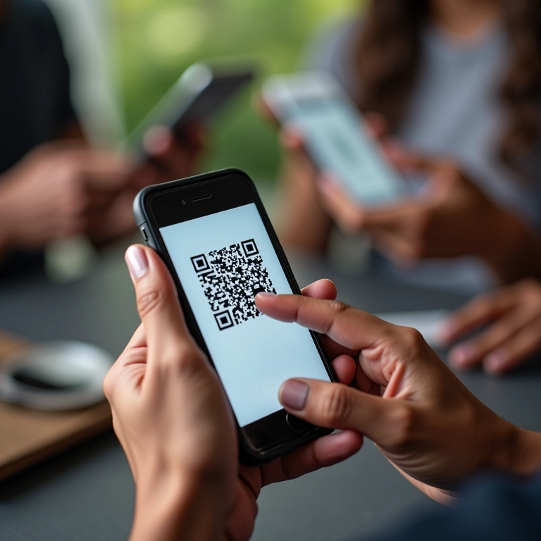 Pessoas escaneando QR codes com smartphones.