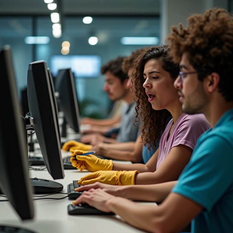 Pessoas limpando telas de computador em escritório brasileiro ensolarado.