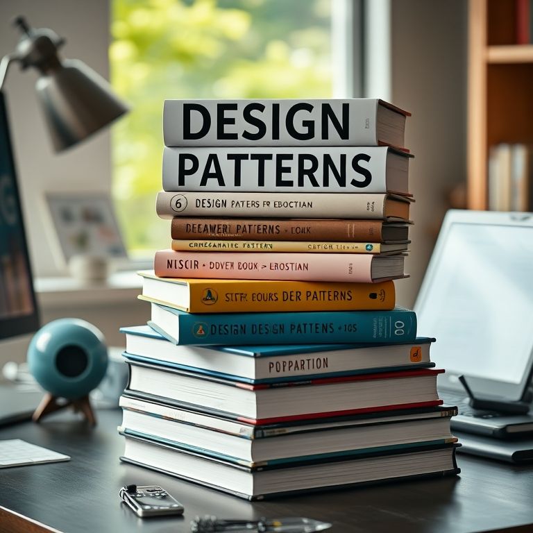 Pilha de livros de programação com 'Design Patterns' no topo.