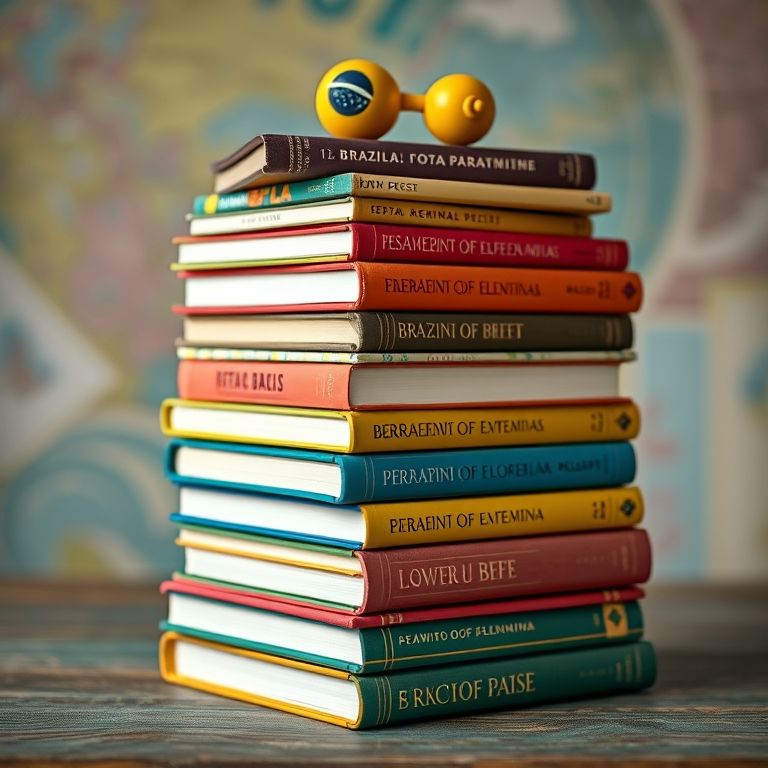 Pilha de livros e objetos brasileiros representando uma estrutura de pilha (LIFO).