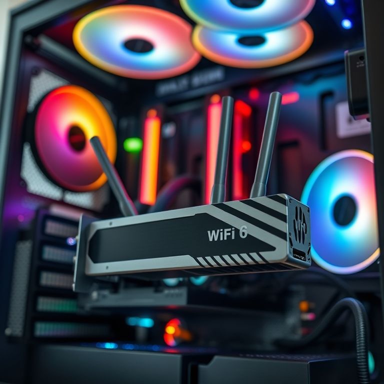 Placa de rede Wi-Fi 6 de alto desempenho instalada em um PC gamer moderno.