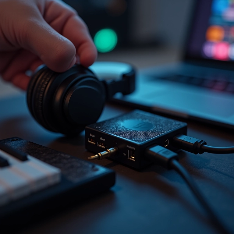 Placa de som USB externa conectada a um laptop.