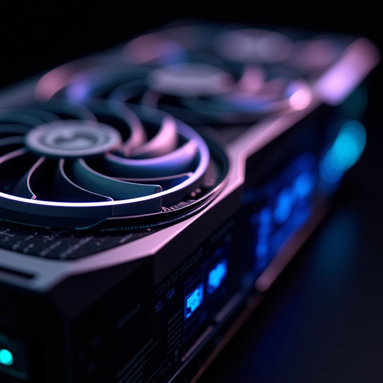 Placa de vídeo de última geração com detalhes iluminados e texturas metálicas.