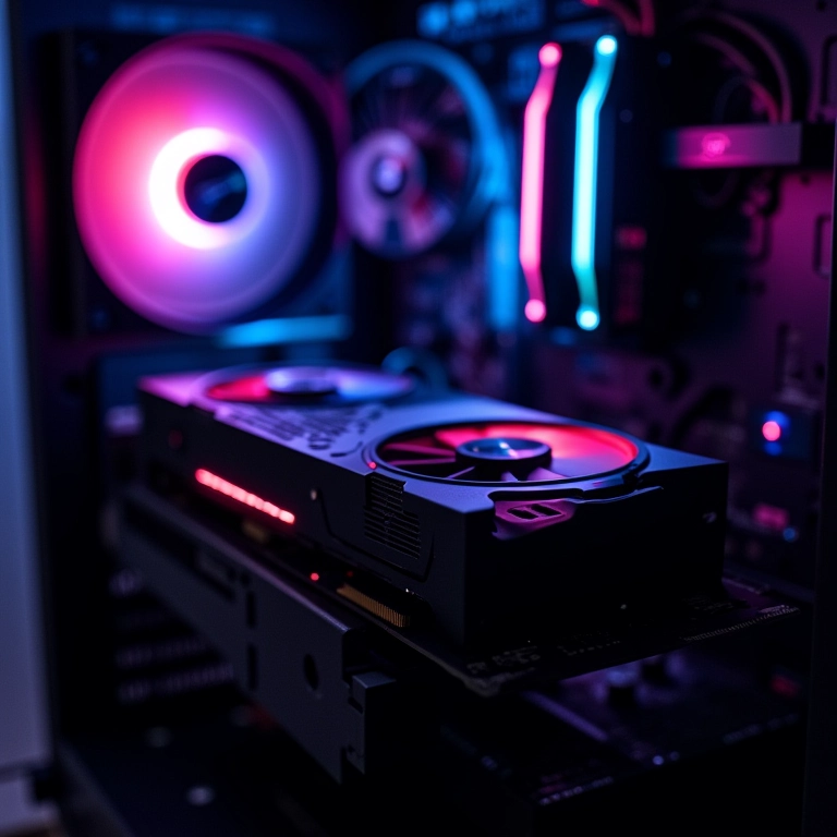 Placa de vídeo de última geração com iluminação RGB em um PC gamer.