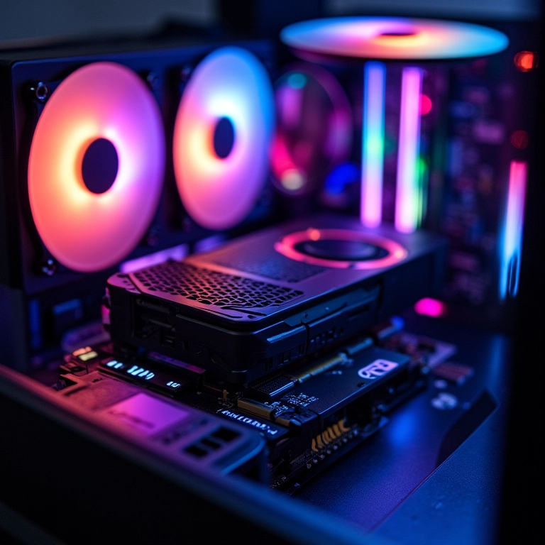 Placa de vídeo RTX 3060 dentro de um PC gamer moderno com iluminação RGB.