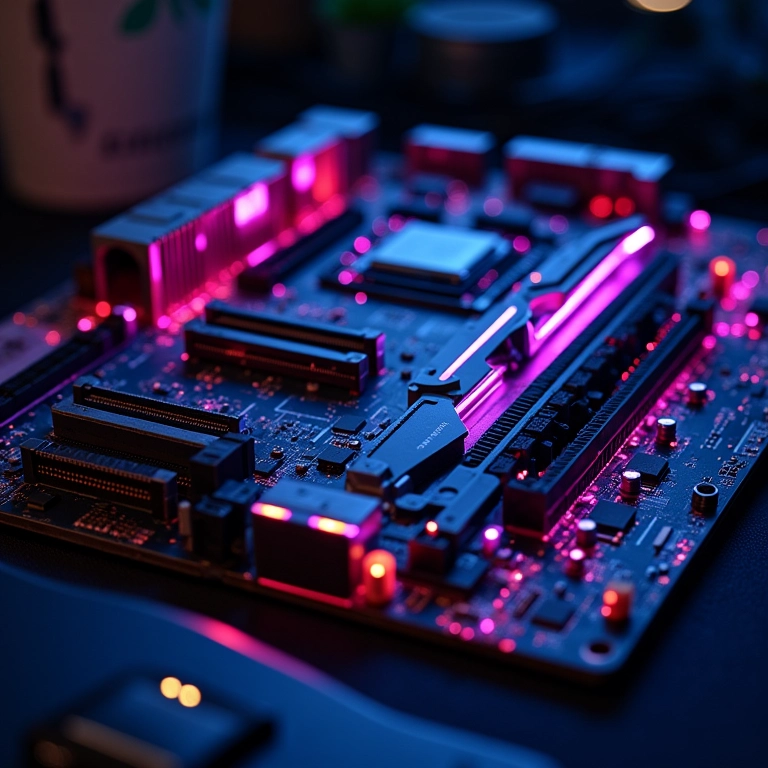 Placa-mãe com iluminação RGB sutil em setup gamer.