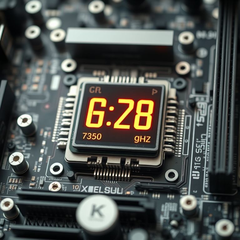 Placa-mãe destacando o processador e a frequência de clock.