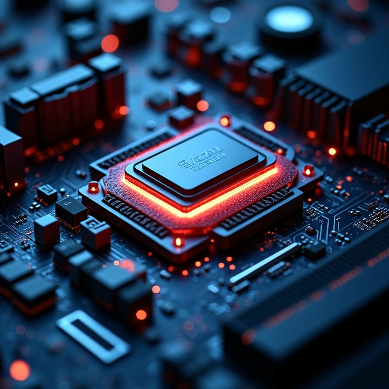Placa-mãe moderna com CPU e RAM iluminados, representando um setup de IA em casa.