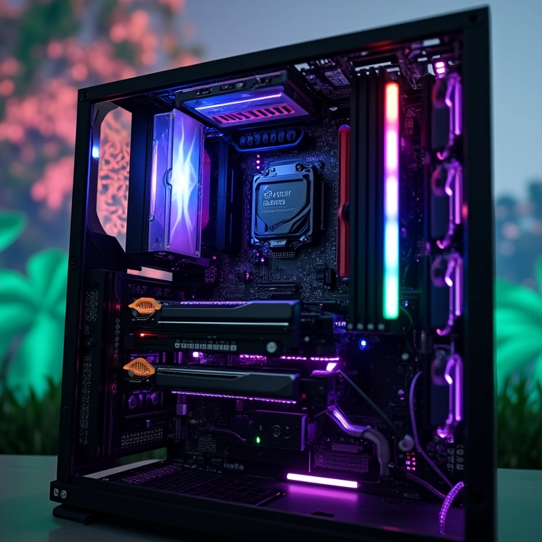Placa-mãe moderna com detalhes RGB sutis em um PC bem montado.