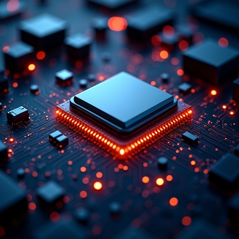 Processador conectado a módulos de RAM através de caminhos de dados luminosos.