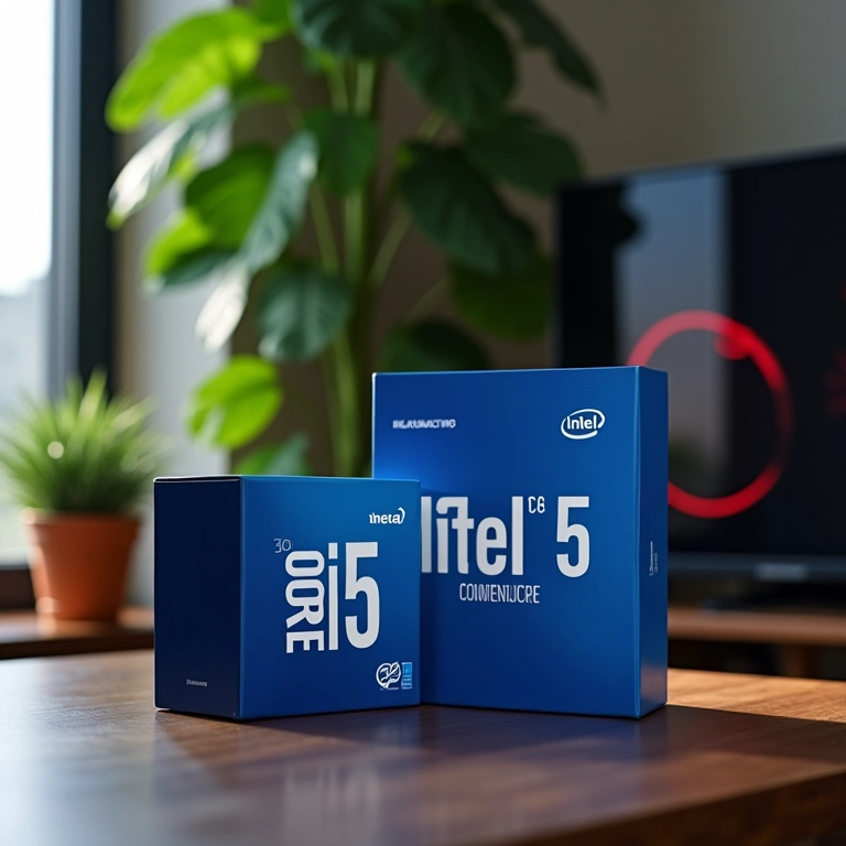 Processador Intel Core i5 de 13ª geração ao lado de um PC gamer.