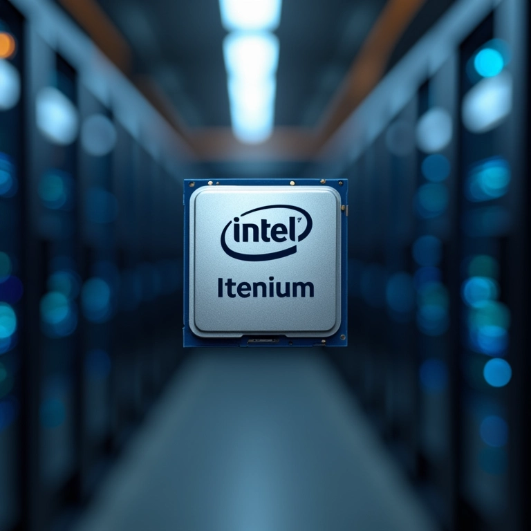 Processador Intel Itanium com sala de servidores ao fundo.