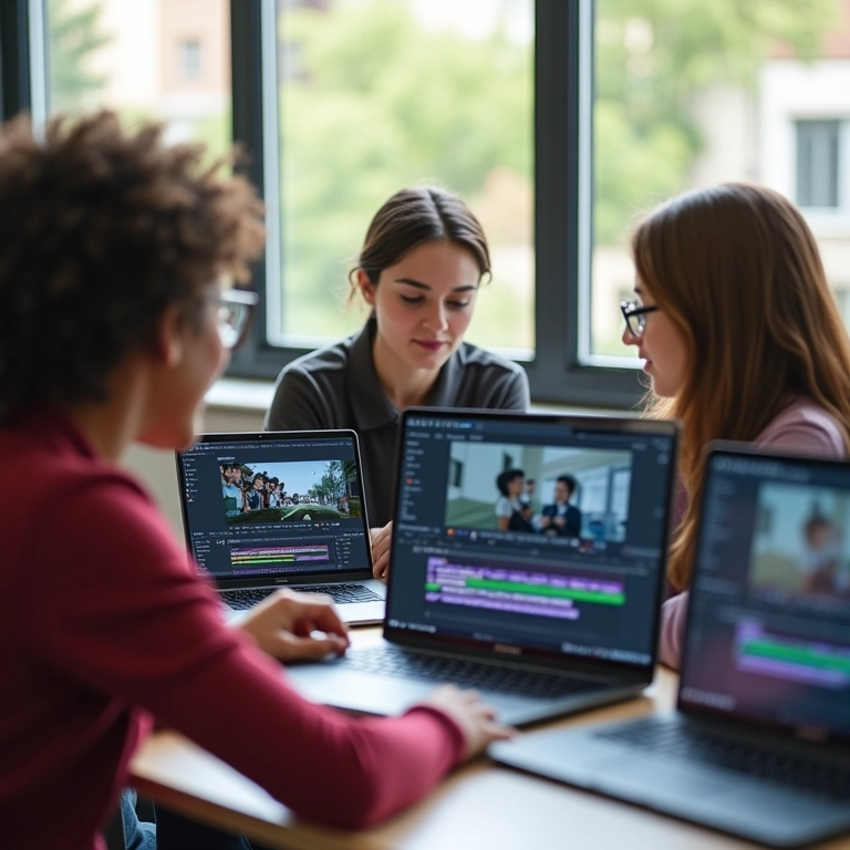 Professores colaborando na edição de videoaulas em laptops.