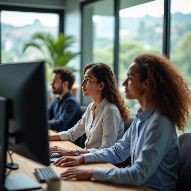 Profissionais calibrando monitores em um escritório moderno e iluminado no Brasil.