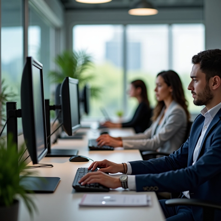 Profissionais diversos usando teclados e mouses ergonômicos em escritório moderno.