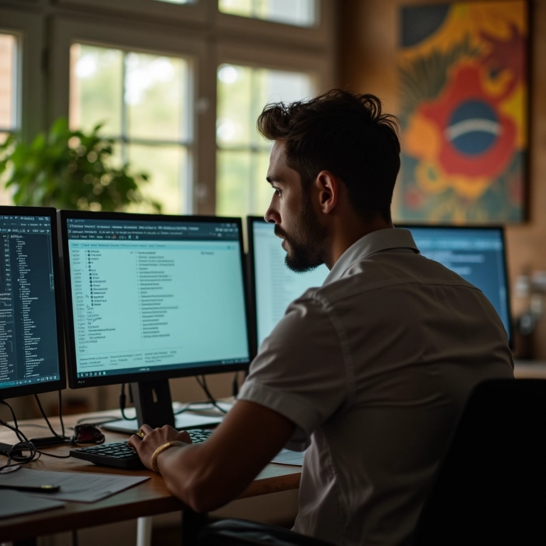 Profissional sobrecarregado olhando para telas de laptops, paralisado por escolhas.