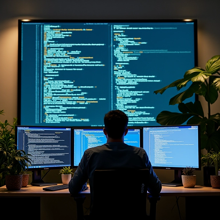 Programador sobrecarregado olhando para um código complexo e ilegível.