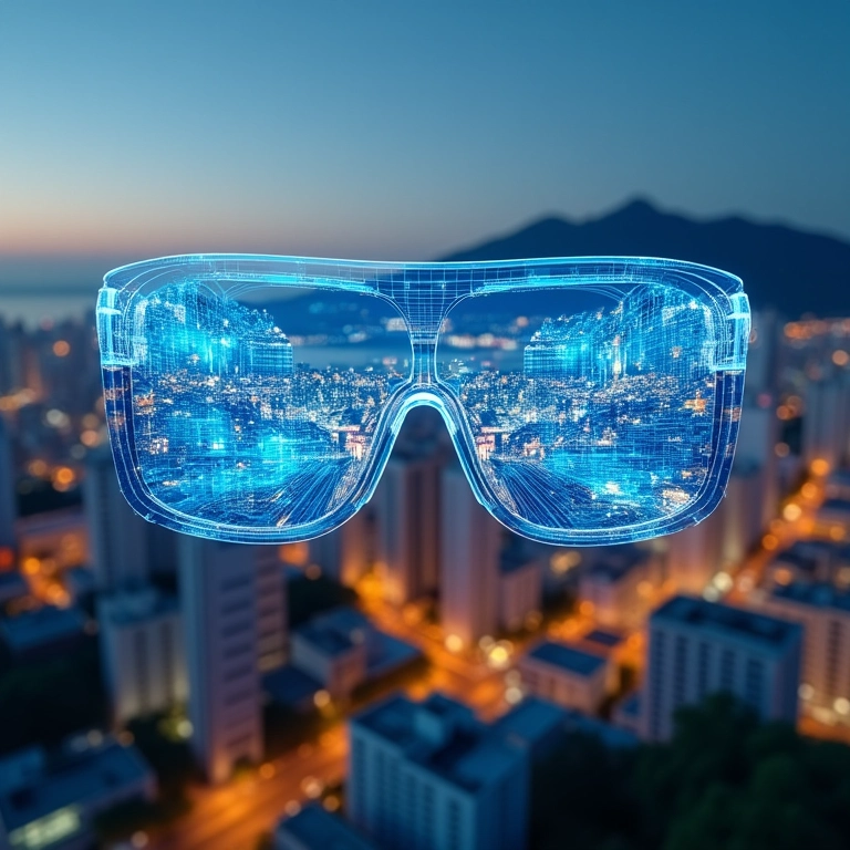 Qualidade da imagem em óculos de realidade aumentada sobre paisagem urbana.