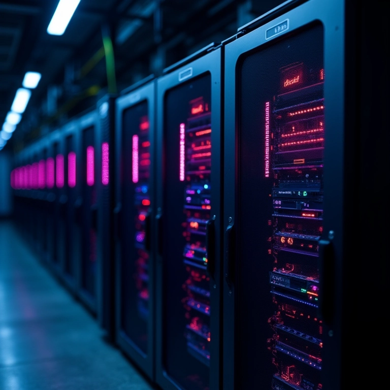 Rack de servidores estável com indicadores luminosos.