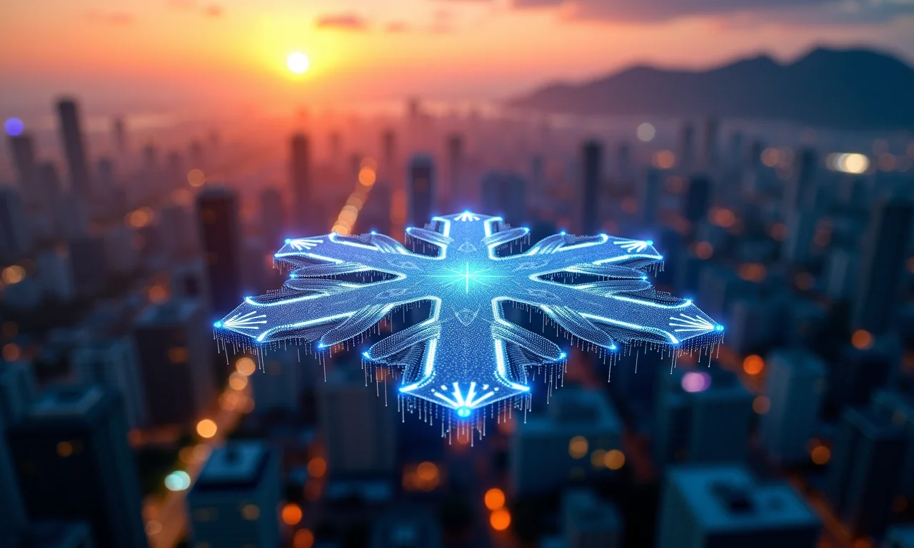 Rede de dados em forma de floco de neve sobre cidade brasileira.