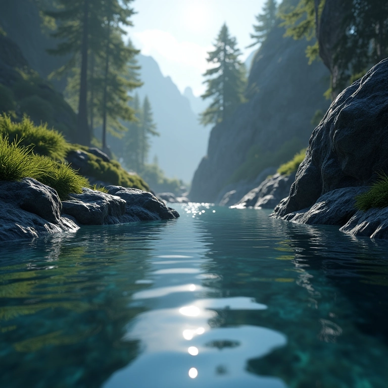Reflexos realistas em água gerados por ray tracing em um ambiente de jogo detalhado.