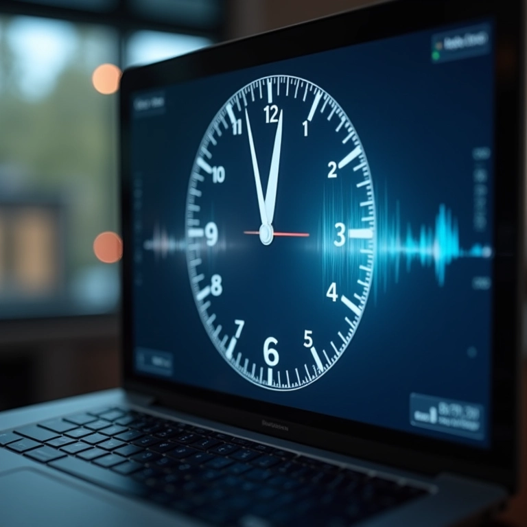 Relógio acelerado sobre tela transcrevendo áudio em tempo real.