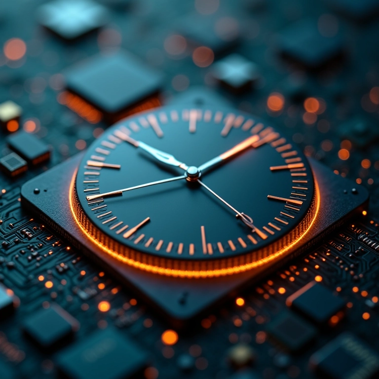 Relógio analógico se fundindo com um chip de CPU.