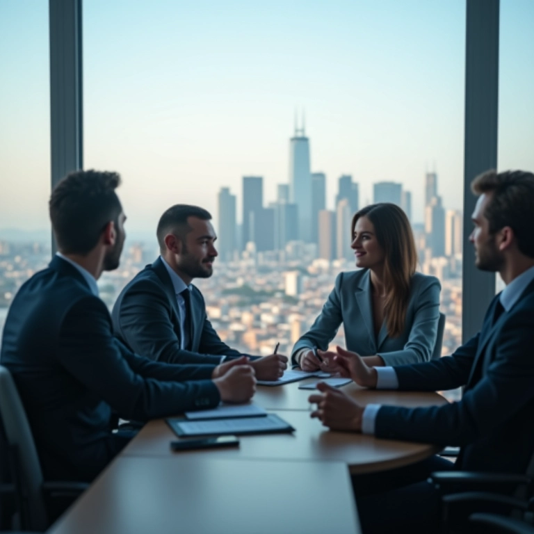 Reunião de negócios em São Paulo com o skyline ao fundo.