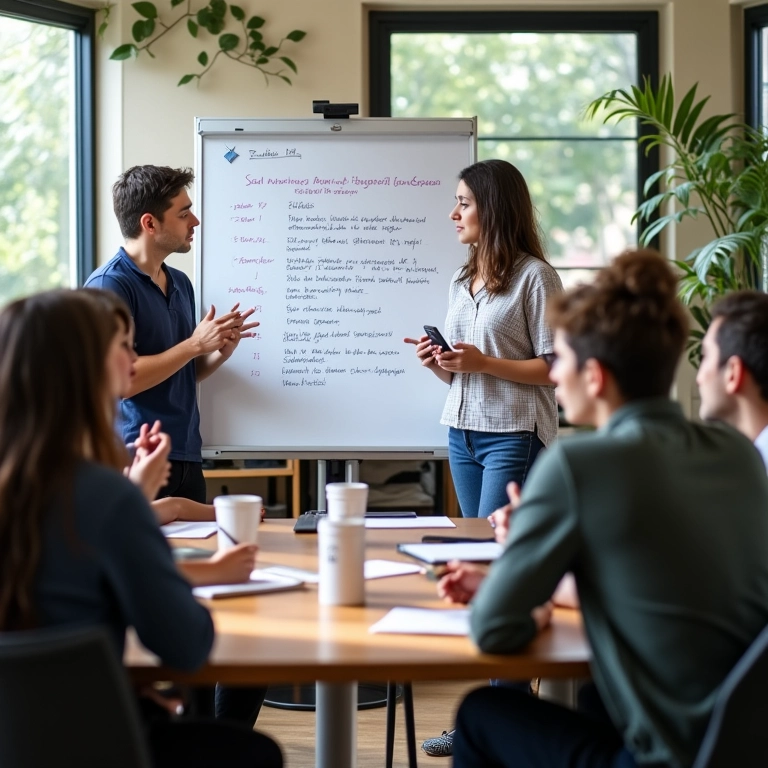 Reunião Scrum discutindo papéis e responsabilidades.