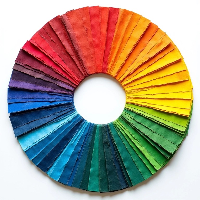 Roda de cores vibrante com padrões brasileiros ilustrando a teoria das cores.
