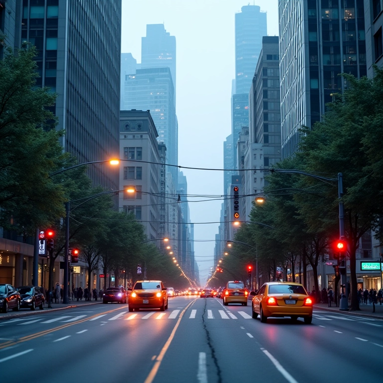 Rua de cidade inteligente com semáforos e transporte público conectados.