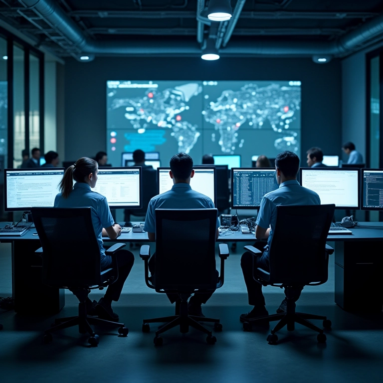 Sala de controle com equipe de segurança monitorando sistemas de vigilância.