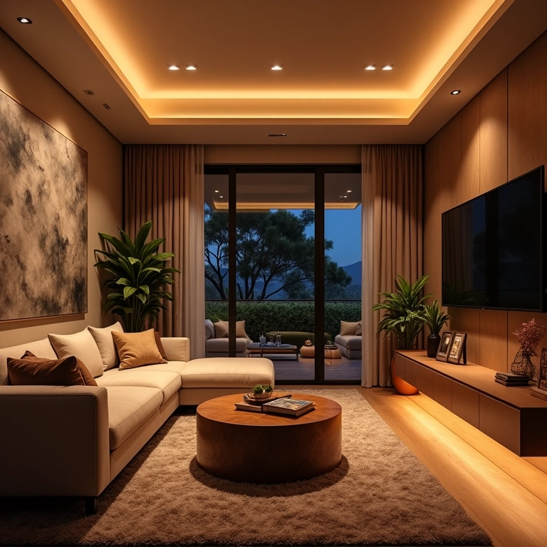 Sala de estar com iluminação inteligente e sistema de entretenimento IoT.