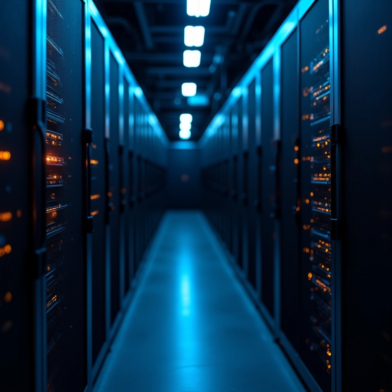 Sala de servidores com configuração PHP otimizada, cabos e luzes.