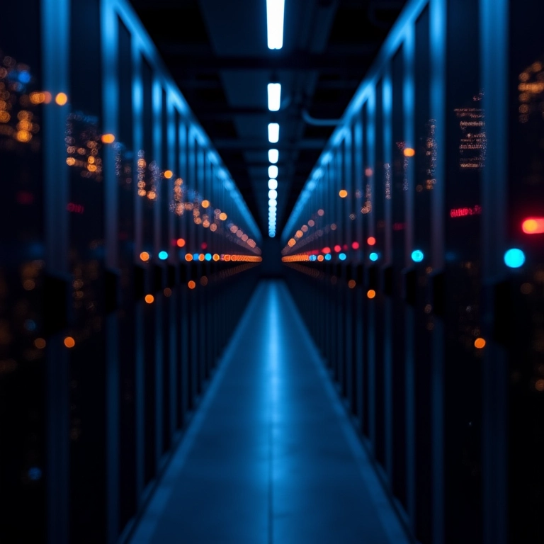 Sala de servidores com luzes piscando e sobrecarga de tráfego.