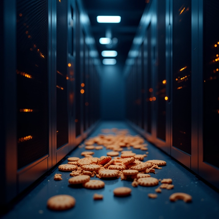 Sala de servidores com migalhas de cookies quebradas, simbolizando o fim dos cookies de terceiros e o impacto na hospedagem.