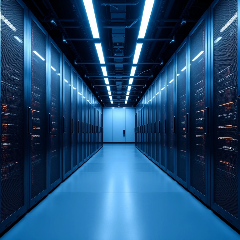 Sala de servidores eficiente com layout otimizado.