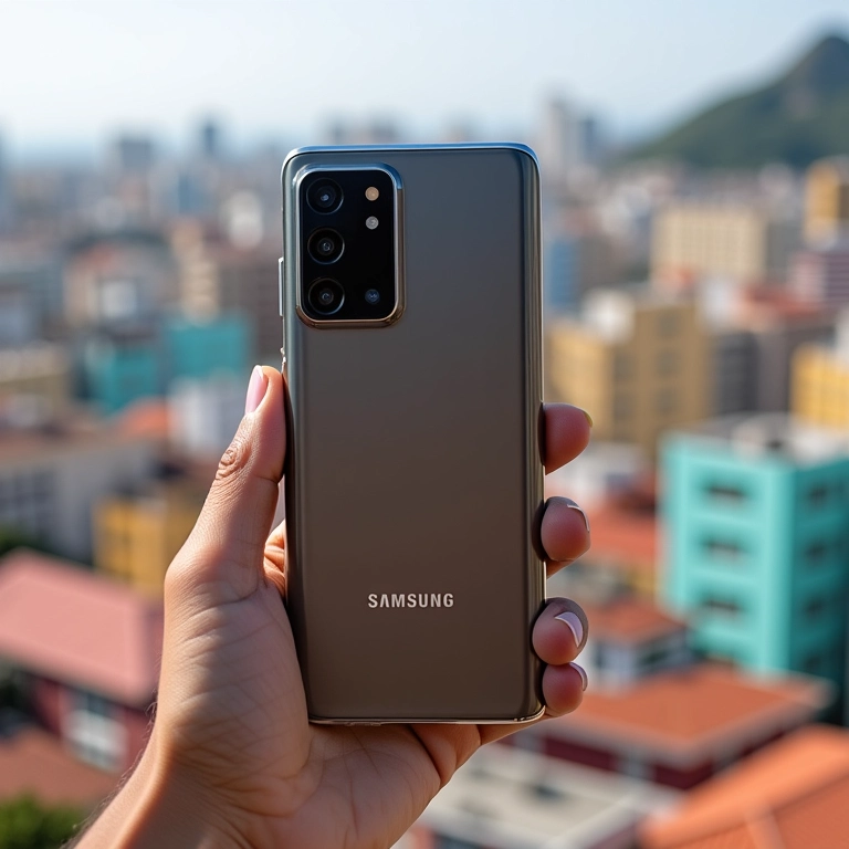 Selfie nítida tirada com a câmera frontal do Samsung A76, com prédios coloridos do Rio de Janeiro ao fundo.