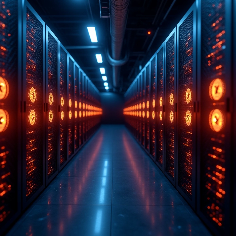 Servidores de mineração de criptomoedas com símbolos brilhantes, representando a tecnologia blockchain.