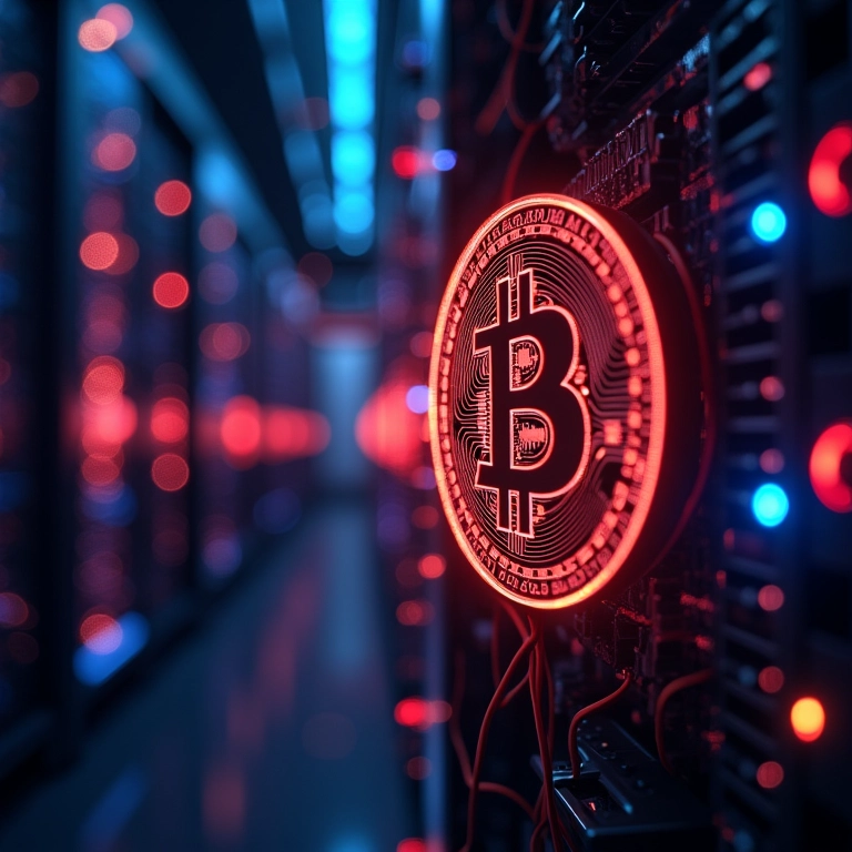 Servidores de mineração de criptomoedas com sobreposição gráfica de blockchain.