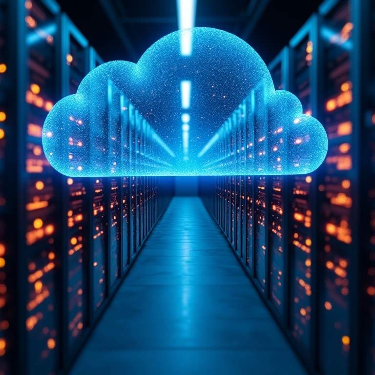 Servidores em data center com conexões fluidas, representando a tecnologia CloudLinux.