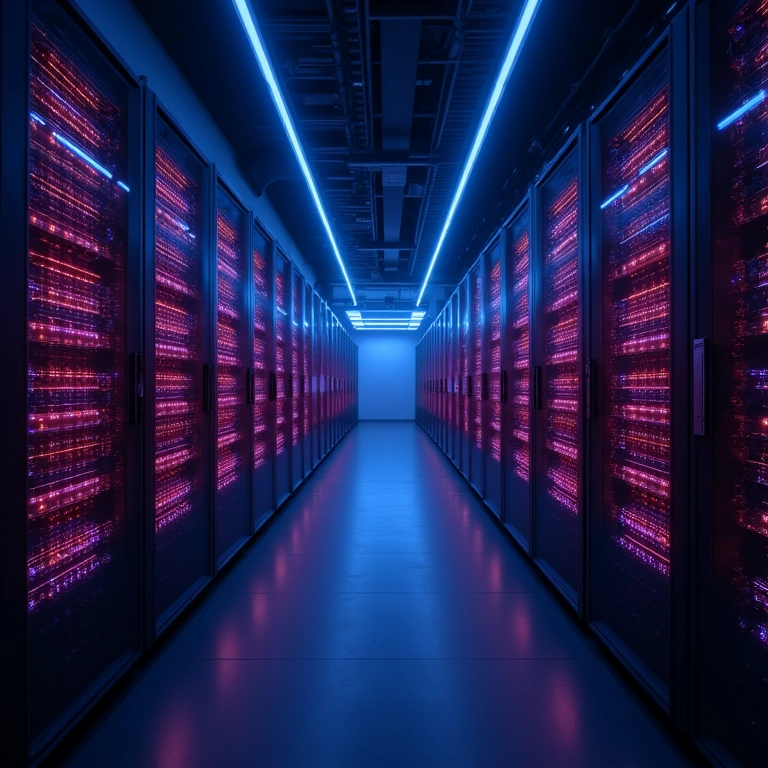 Servidores em data center com visualização de rede neural, representando infraestrutura para treinamento de IA.