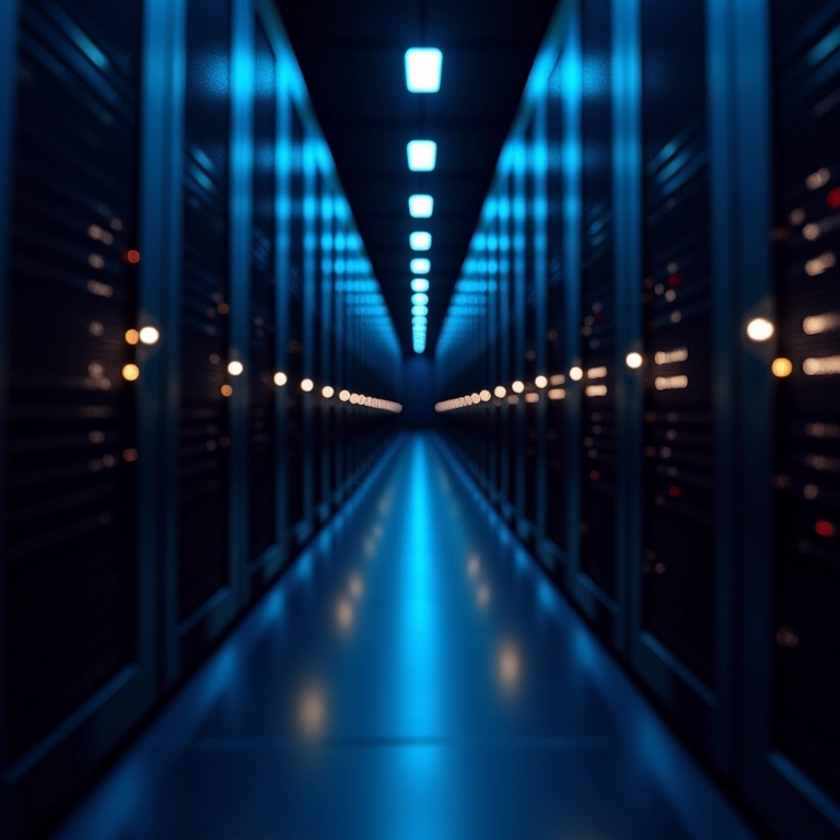 Servidores modernos com cabos de rede brilhantes, representando APIs web de alta performance com ASPNET Core.